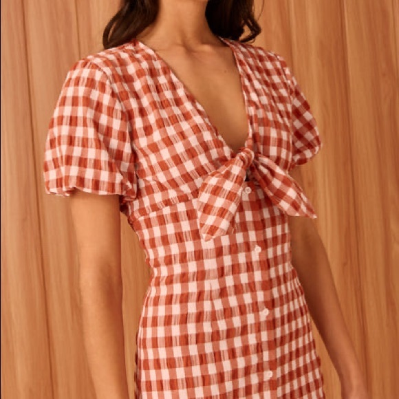 The Fifth Label Orange White Gingham Button Up Tie Front Short Sleeve Midi Dress - Picture 2 of 6
